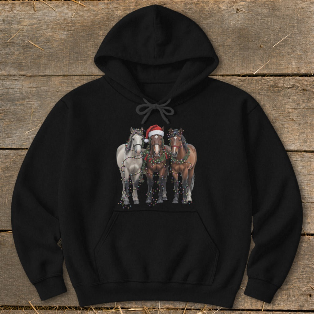 Black hoodie with three horses wearing Christmas lights and a Santa hat.