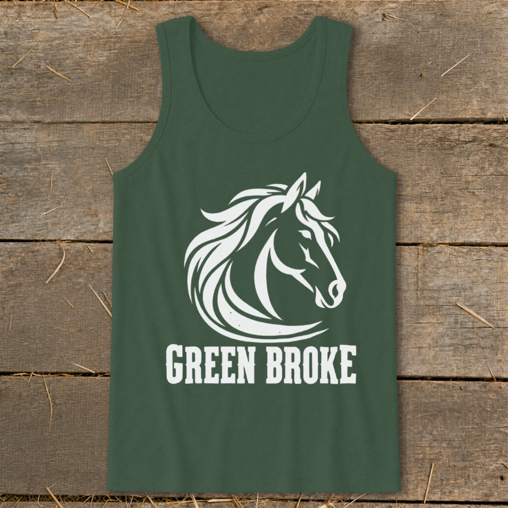 Dark green tank top featuring a white horse head illustration and the text GREEN BROKE.