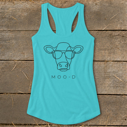 Turquoise tank top with a line drawing of a cow wearing sunglasses and the text "MOO-D".