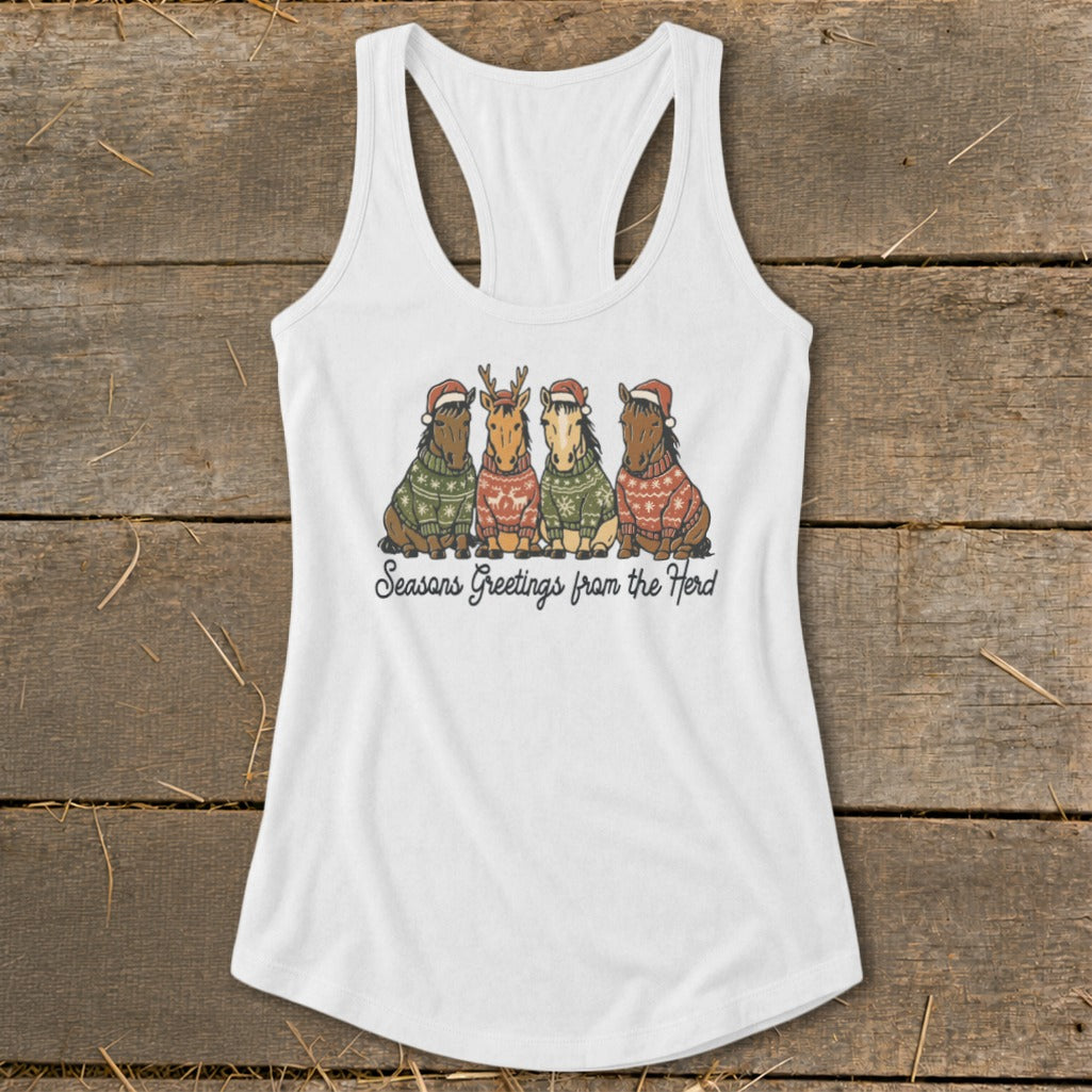White tank top with four cartoon horses in holiday sweaters and Santa hats.