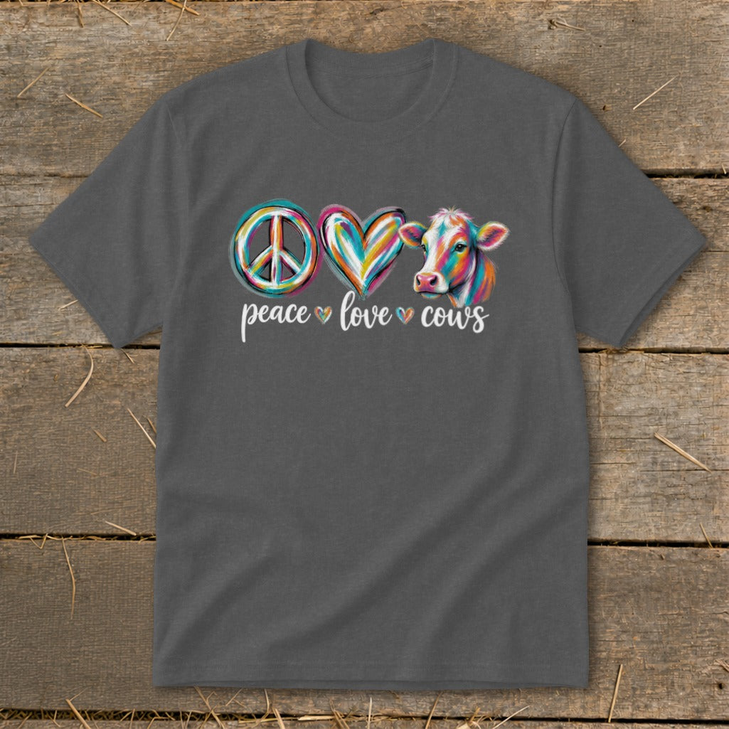Dark grey t-shirt with "Peace Love Cows" text and colorful graphics.