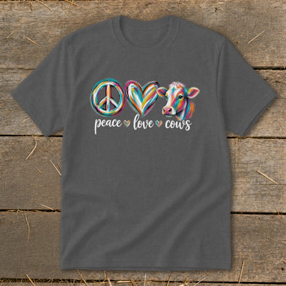 Dark grey t-shirt with "Peace Love Cows" text and colorful graphics.