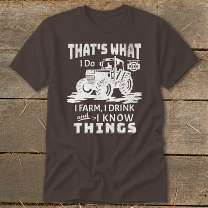 Dark brown t-shirt with white distressed graphic of a tractor and text.