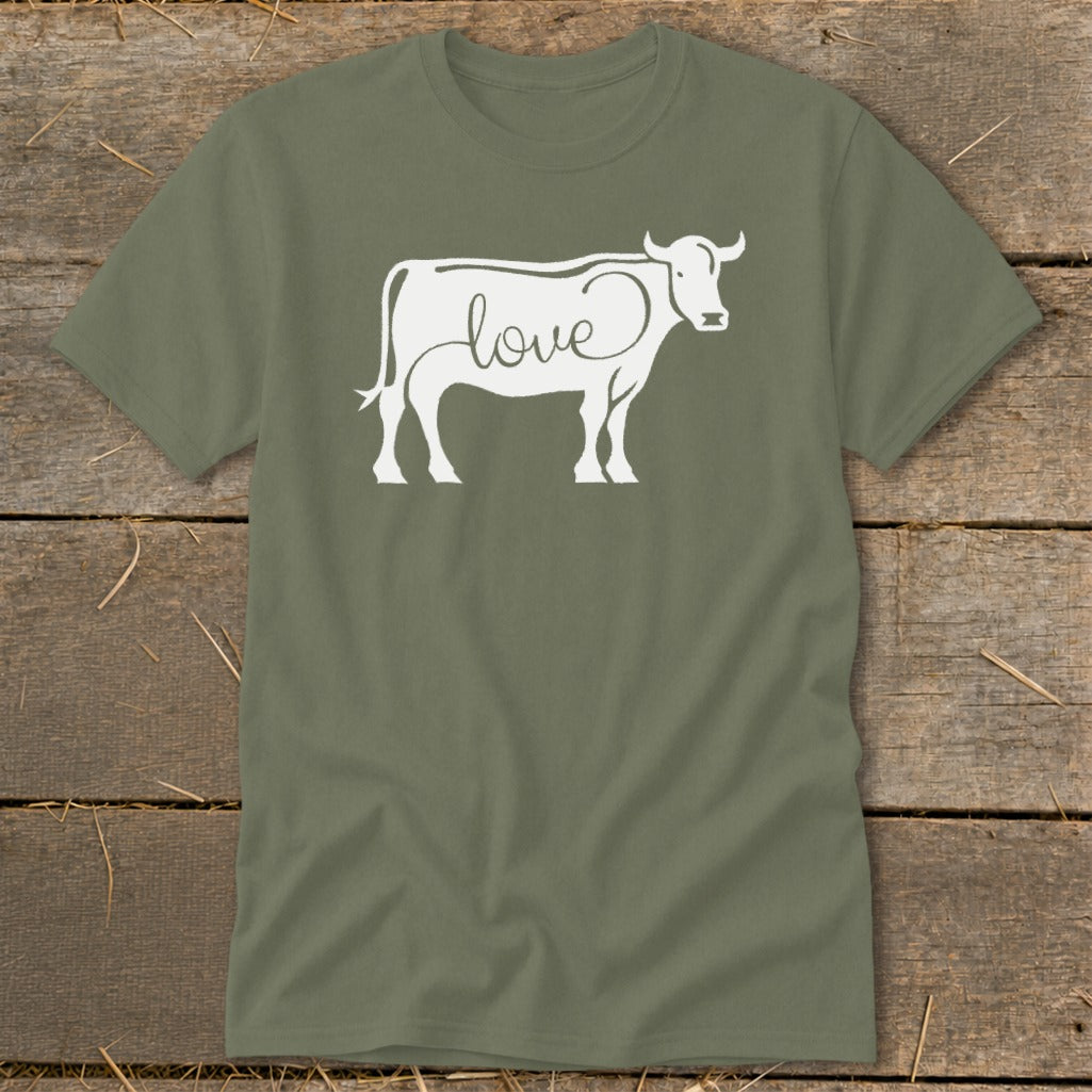 Olive green t-shirt with a white cow graphic that spells "love."