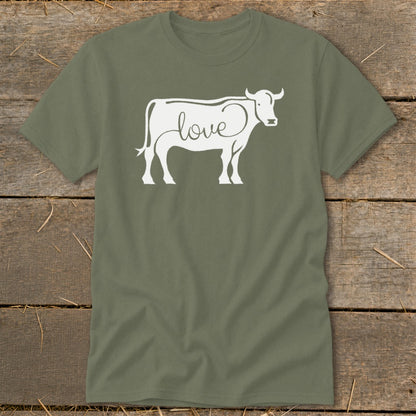 Olive green t-shirt with a white cow graphic that spells "love."