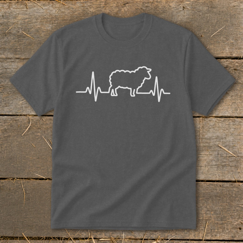 Dark grey short-sleeved t-shirt featuring a white graphic of a sheep integrated into a heartbeat line.