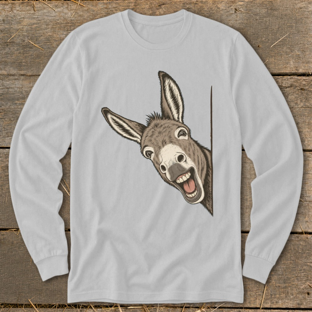 Long sleeve t-shirt with a cartoon donkey peeking around a corner, mouth open.