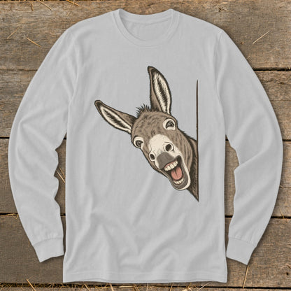 Long sleeve t-shirt with a cartoon donkey peeking around a corner, mouth open.