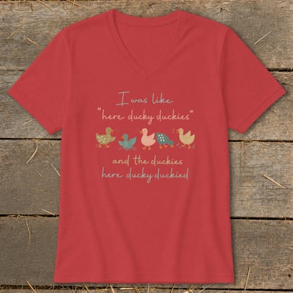 Red t-shirt with illustration of five duckies and text "I was like 'here ducky duckies' and the duckies here ducky duckied."