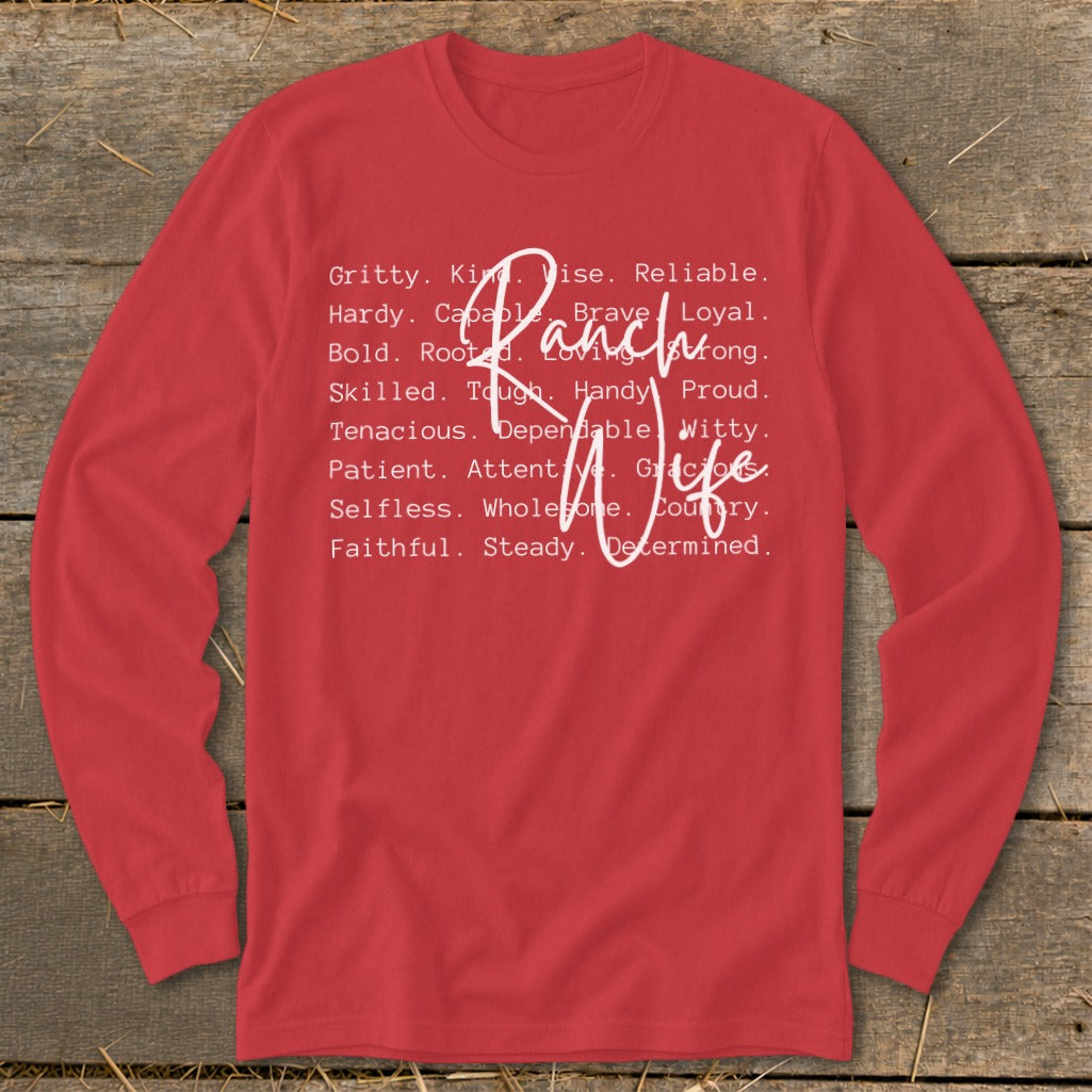 Red long-sleeve shirt with "Ranch Wife" in script and list of descriptive words.