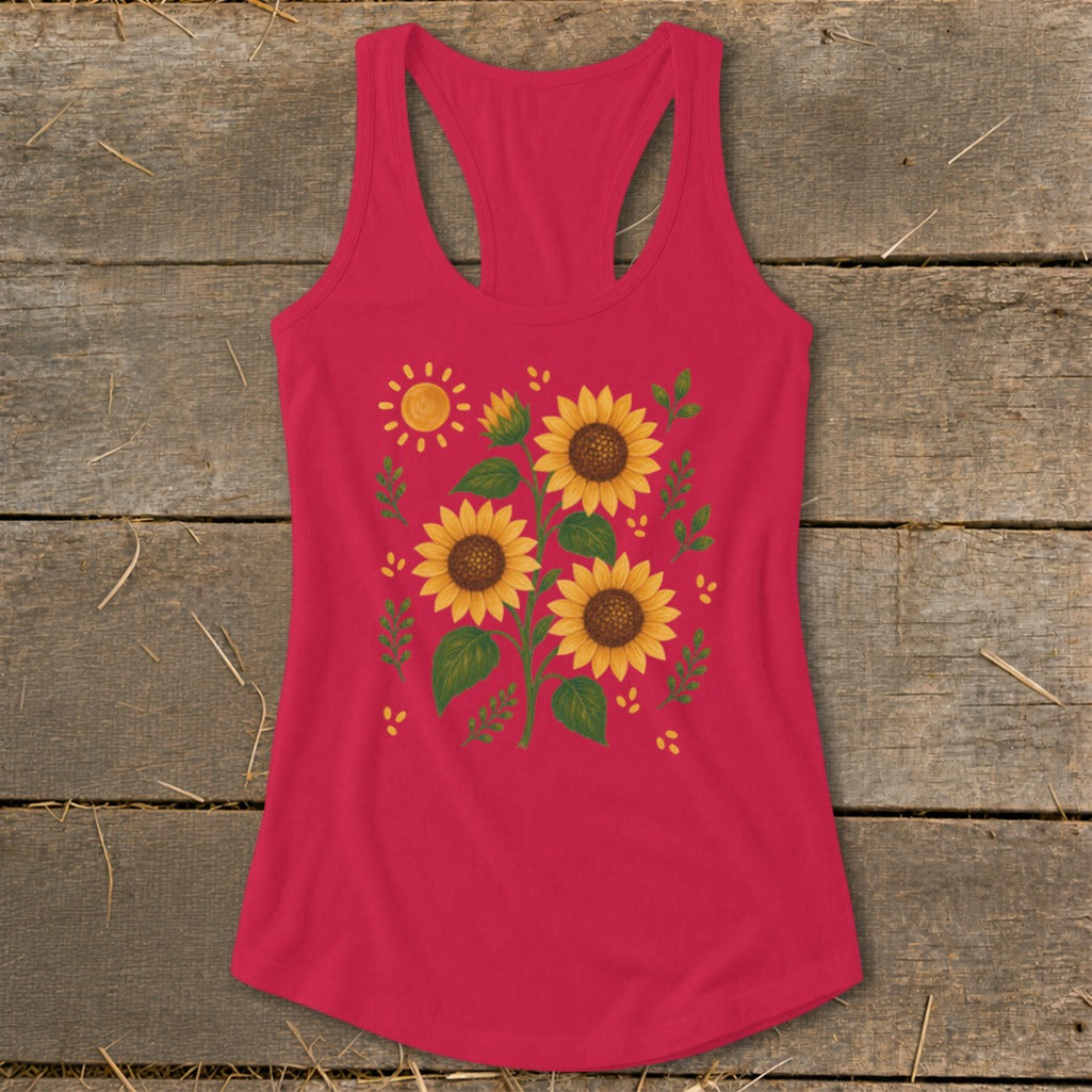 Red tank top with a sunflower and sun graphic and green leaves.