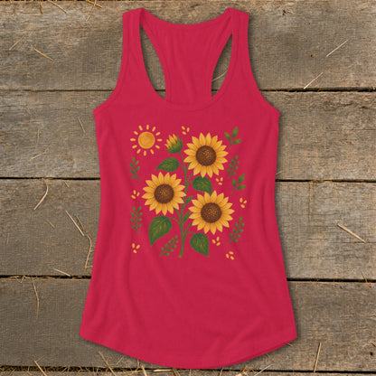 Red tank top with a sunflower and sun graphic and green leaves.