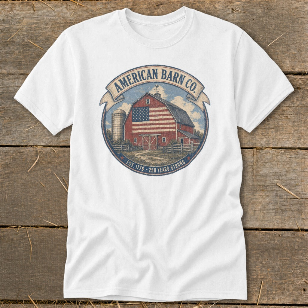 White t-shirt with circular American barn graphic and text "American Barn Co."