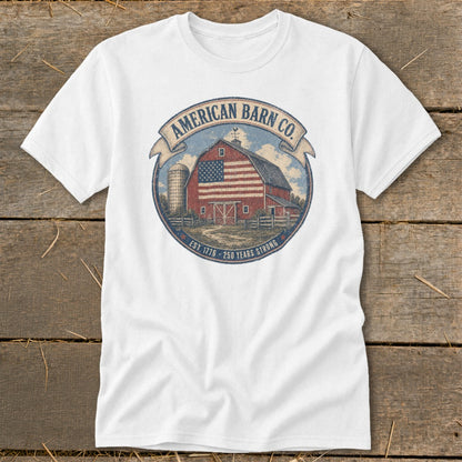 White t-shirt with circular American barn graphic and text "American Barn Co."