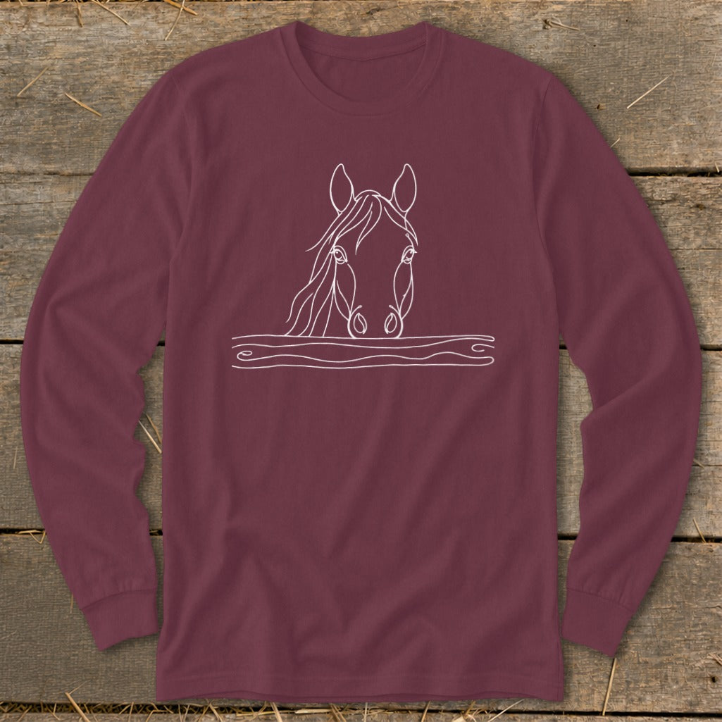 Maroon long-sleeve shirt with a white line drawing of a horse's head above stylized wavy lines.