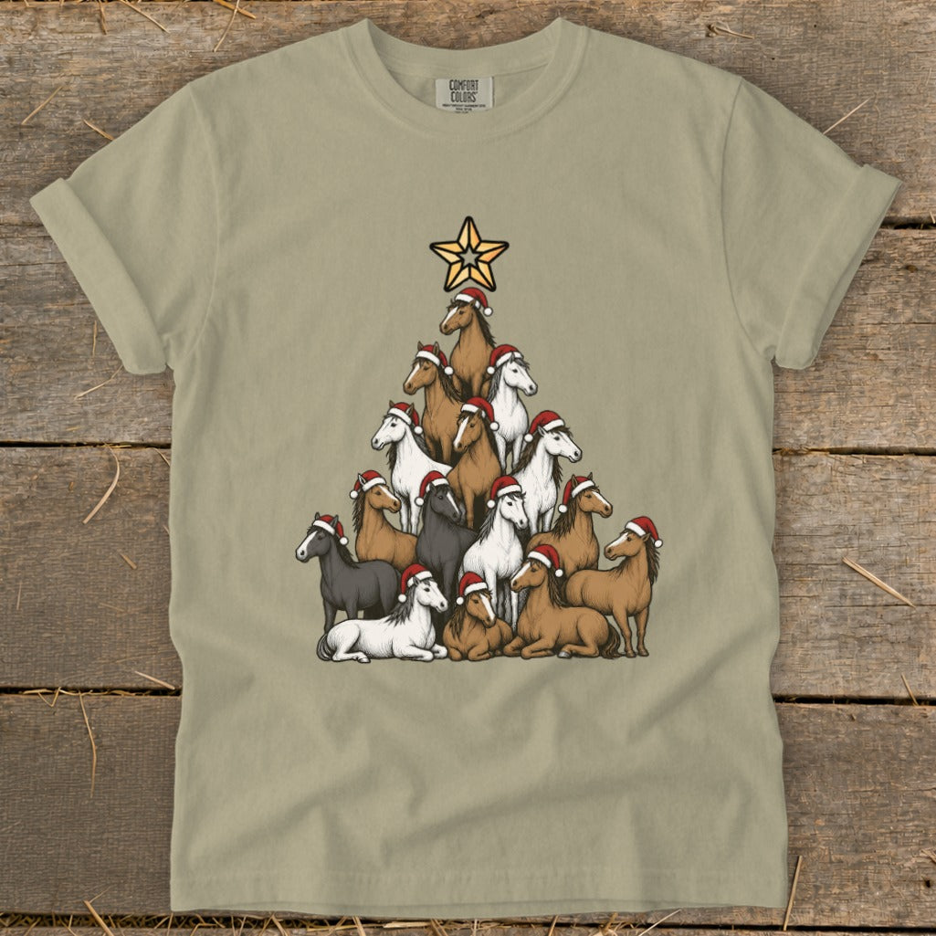 T-shirt with a Christmas tree made of horses wearing Santa hats, topped by a star.