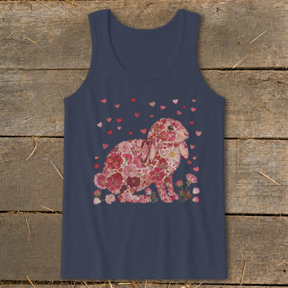 Navy tank top with pink floral bunny and falling red hearts.
