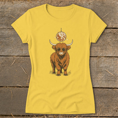 Yellow t-shirt with a graphic of a highland cow wearing sunglasses and a disco ball.