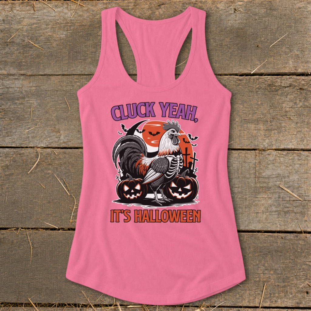 Pink tank top with skeleton rooster, pumpkins, and text "CLUCK YEAH, IT'S HALLOWEEN".