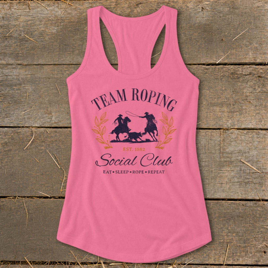 Pink tank top with "Team Roping Social Club" and rodeo graphic.