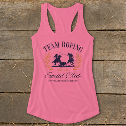 Pink tank top with "Team Roping Social Club" and rodeo graphic.