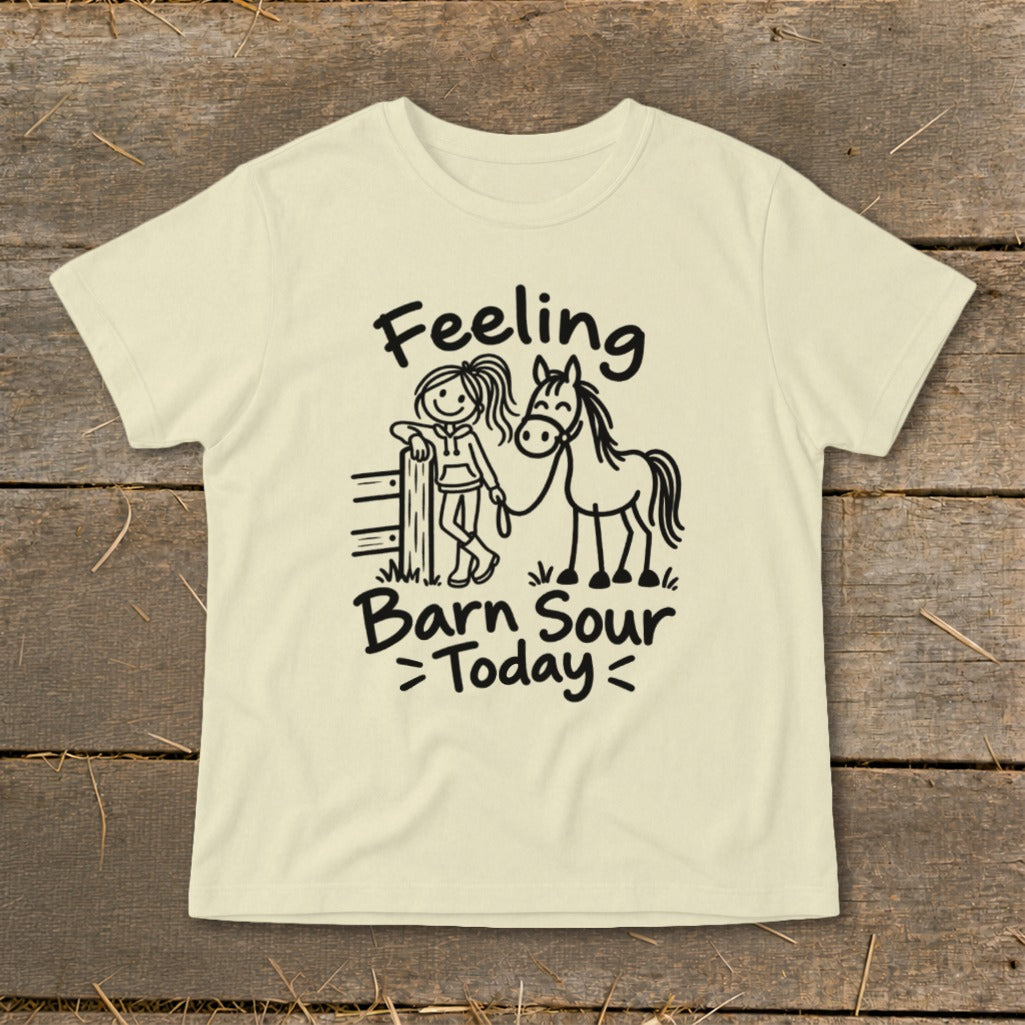 Cream t-shirt with black graphic of a girl and horse with text "Feeling Barn Sour Today".