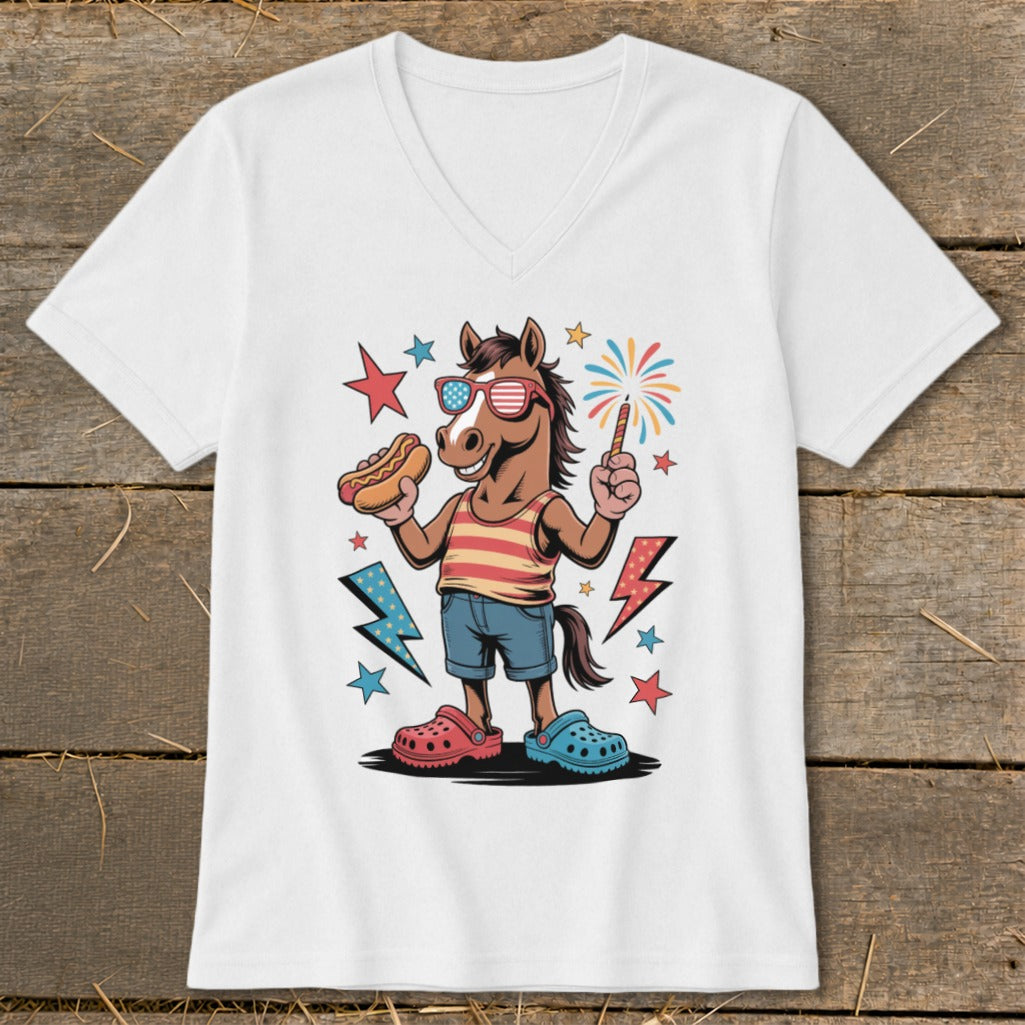 Horse with hot dog and sparkler, wearing sunglasses and patriotic attire.