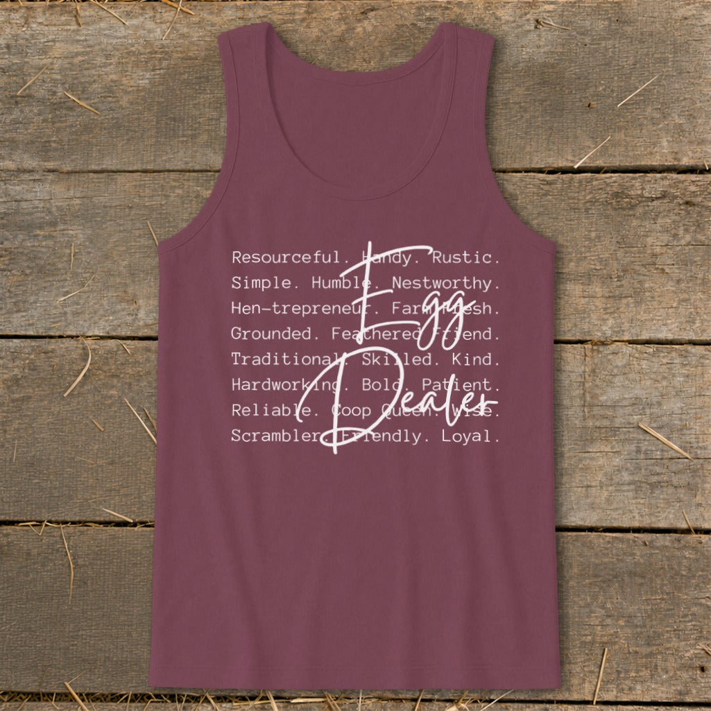 Maroon tank top with "Egg Dealer" in white script and farm-related words.