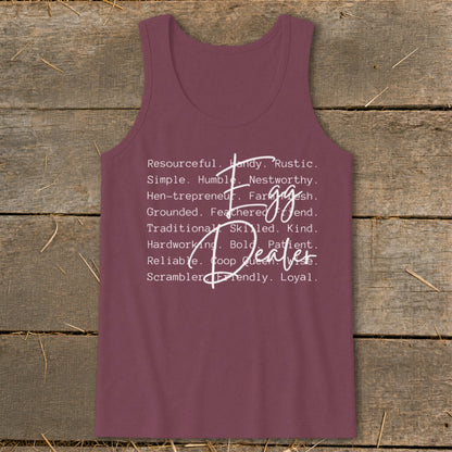 Maroon tank top with "Egg Dealer" in white script and farm-related words.