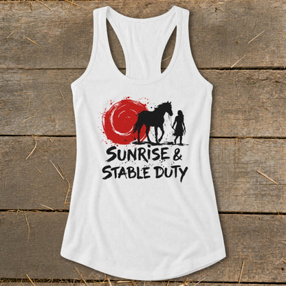 White tank top with horse and rider silhouette, red sunburst, and text "Sunrise & Stable Duty".