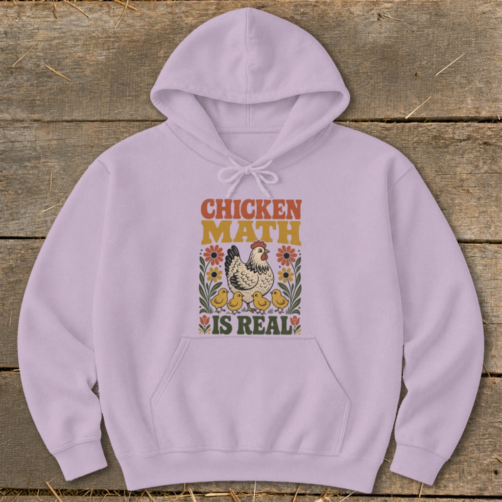 Light purple hoodie with "Chicken Math Is Real" text and hen with chicks graphic.
