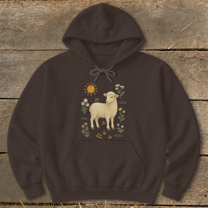 Brown hoodie with a sheep surrounded by flowers, waves, and a sun graphic.