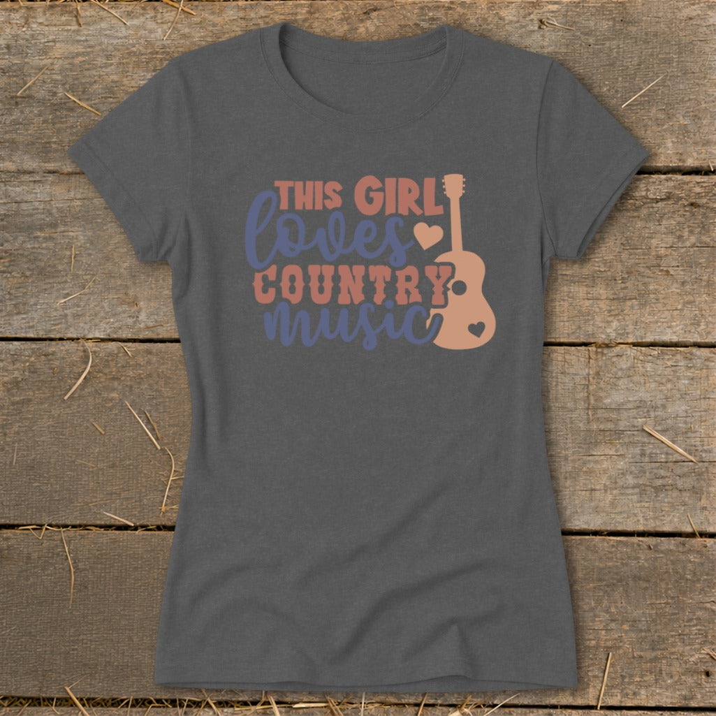 Grey t-shirt with "This girl loves country music" text and guitar graphic.