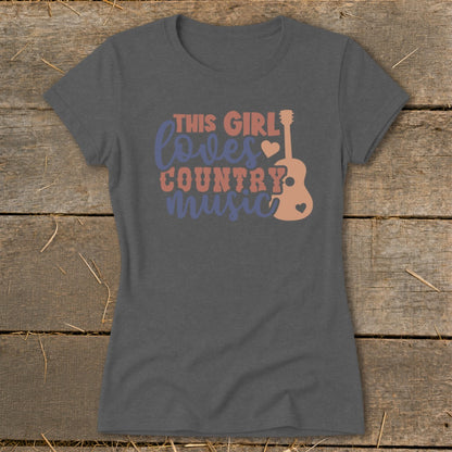Grey t-shirt with "This girl loves country music" text and guitar graphic.
