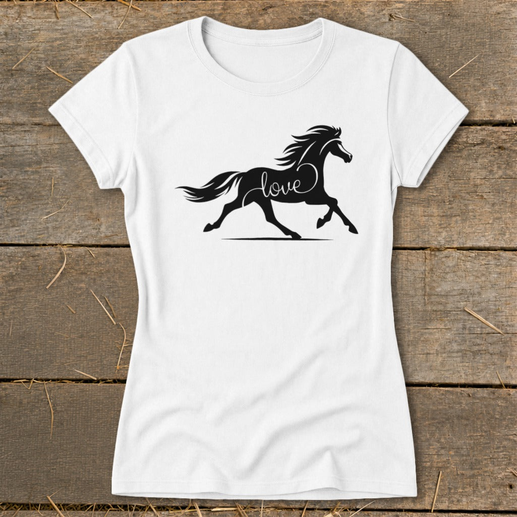 White t-shirt with black silhouette of a running horse with the word "love".