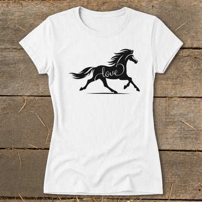 White t-shirt with black silhouette of a running horse with the word "love".