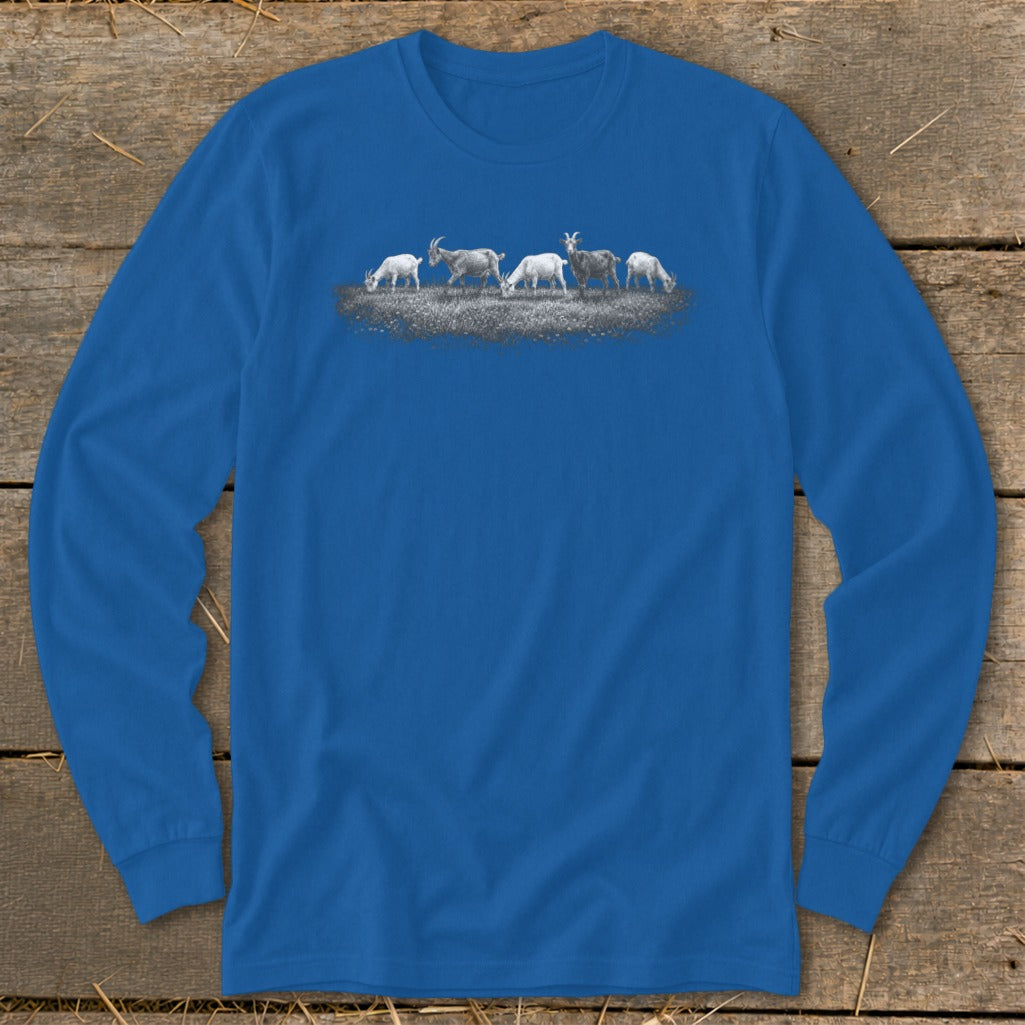 Blue long-sleeve t-shirt with a graphic of five goats grazing in a field.