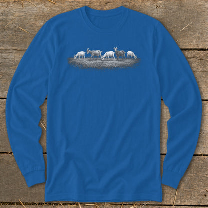 Blue long-sleeve t-shirt with a graphic of five goats grazing in a field.