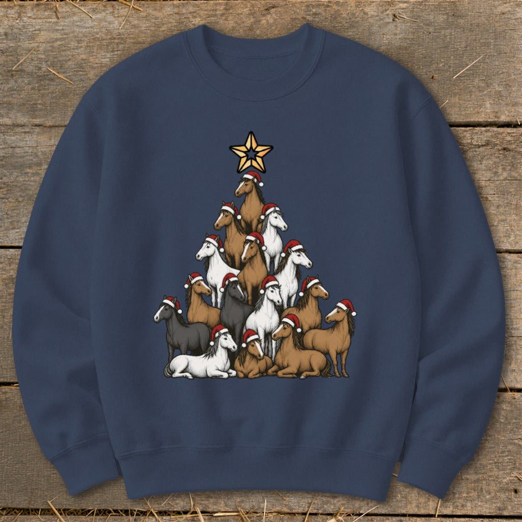 Christmas tree shape made of horses wearing Santa hats, topped with a star.