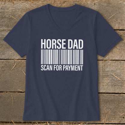 Navy v-neck t-shirt with "HORSE DAD SCAN FOR PAYMENT" and barcode design.