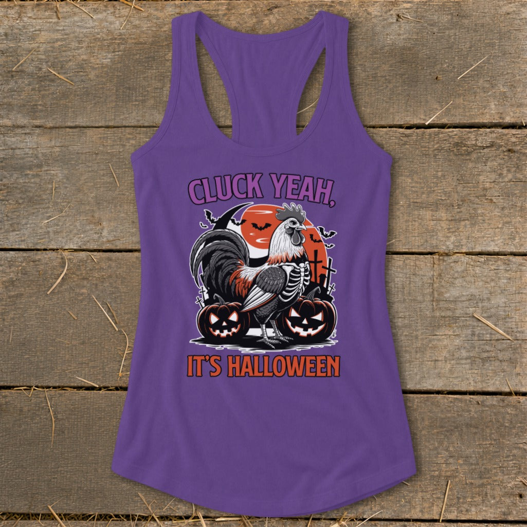 Purple tank top with "CLUCK YEAH, IT'S HALLOWEEN" and rooster Halloween graphic.