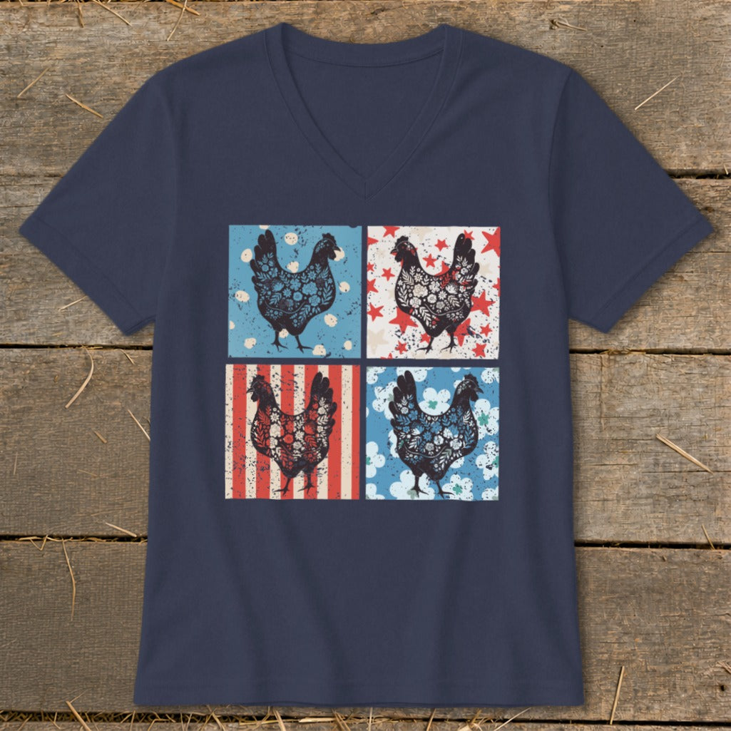 Four vintage-style chickens silhouetted against patriotic backgrounds on a navy t-shirt.