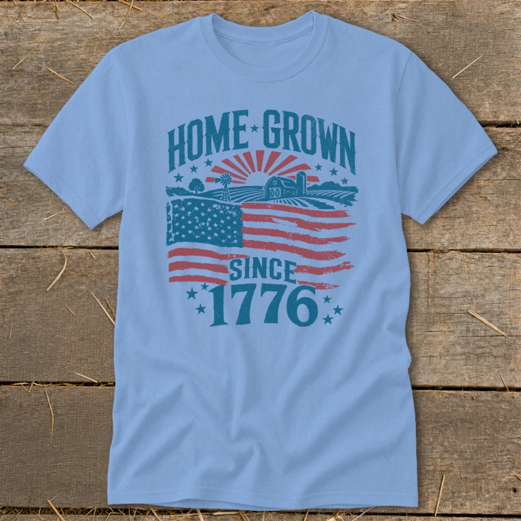 Light blue t-shirt with "HOME GROWN SINCE 1776" and American flag farm scene graphic.