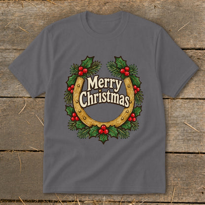 Gray t-shirt with a horseshoe wreath and "Merry Christmas" text.