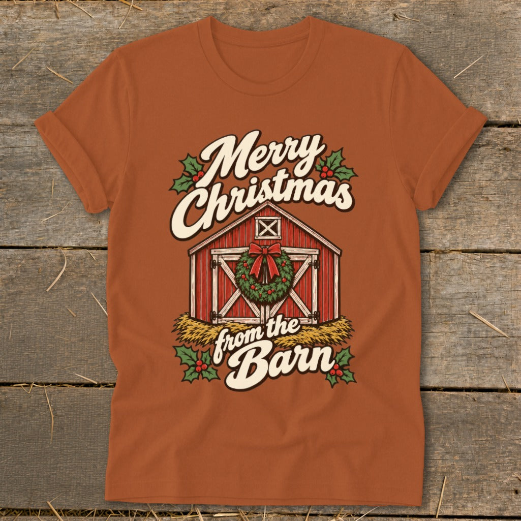 Orange t-shirt with "Merry Christmas from the Barn" text and a barn graphic.