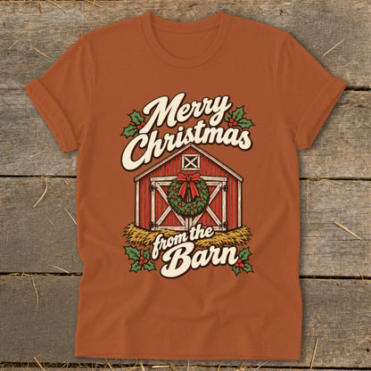 Orange t-shirt with "Merry Christmas from the Barn" text and a barn graphic.
