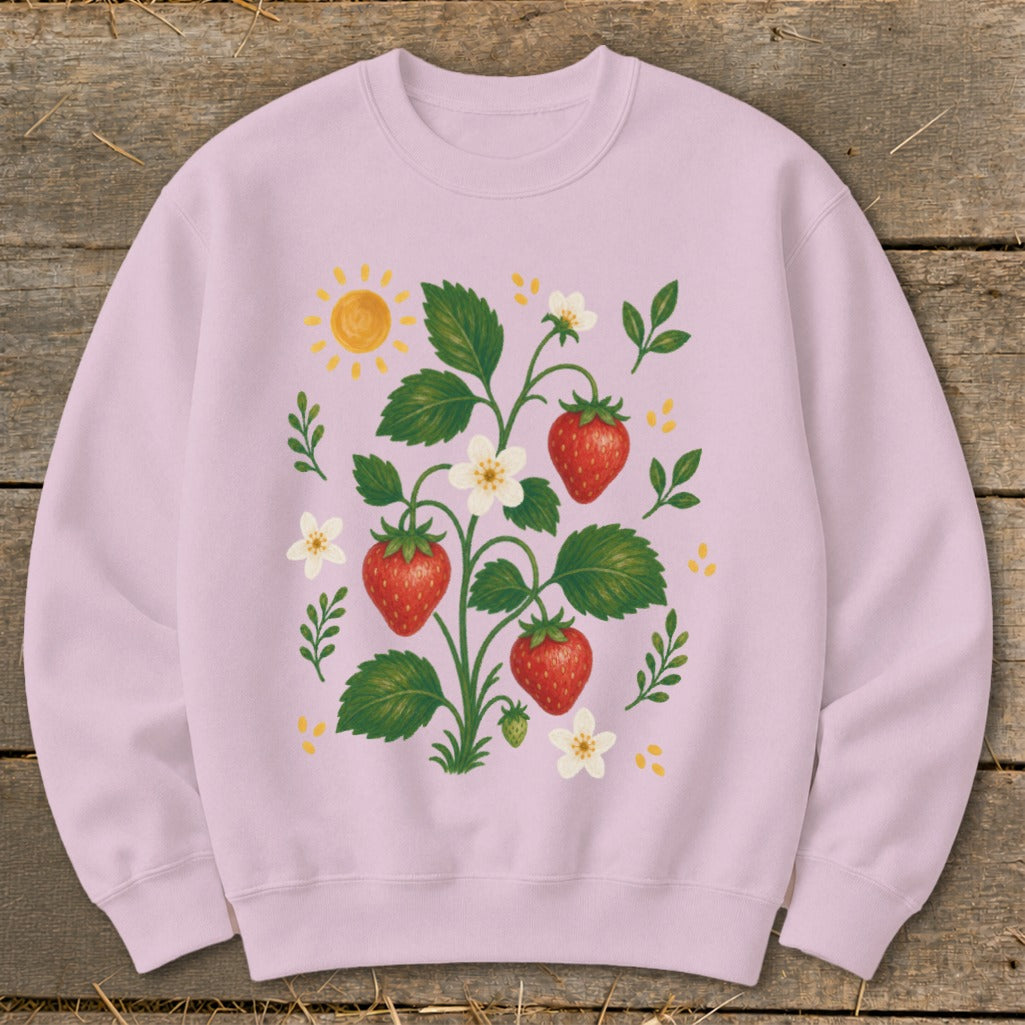 Light purple sweatshirt with a strawberry plant and sun graphic design.