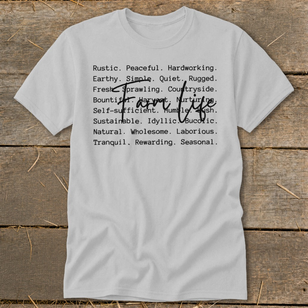 White t-shirt with "Farm Life" text and descriptive words.