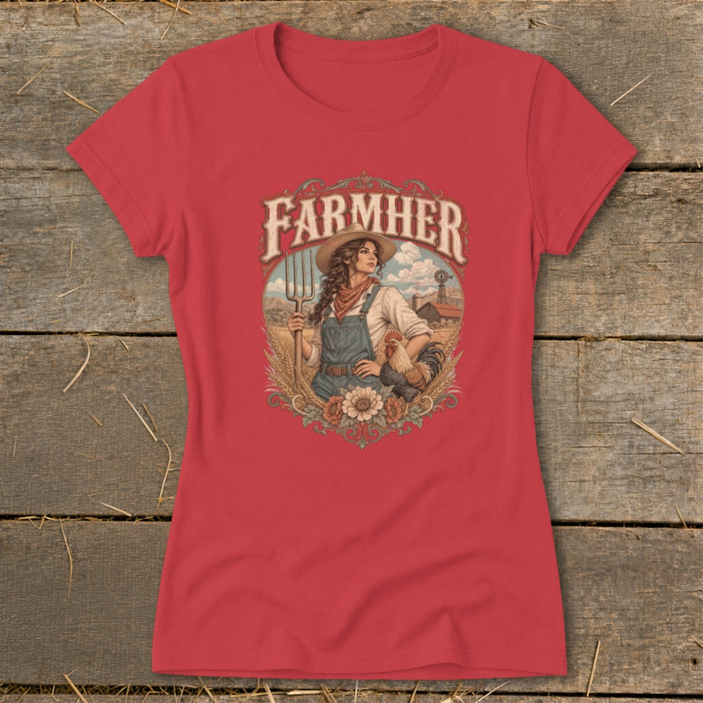 Red t-shirt with "Farmher" text and illustration of a woman with pitchfork and rooster.