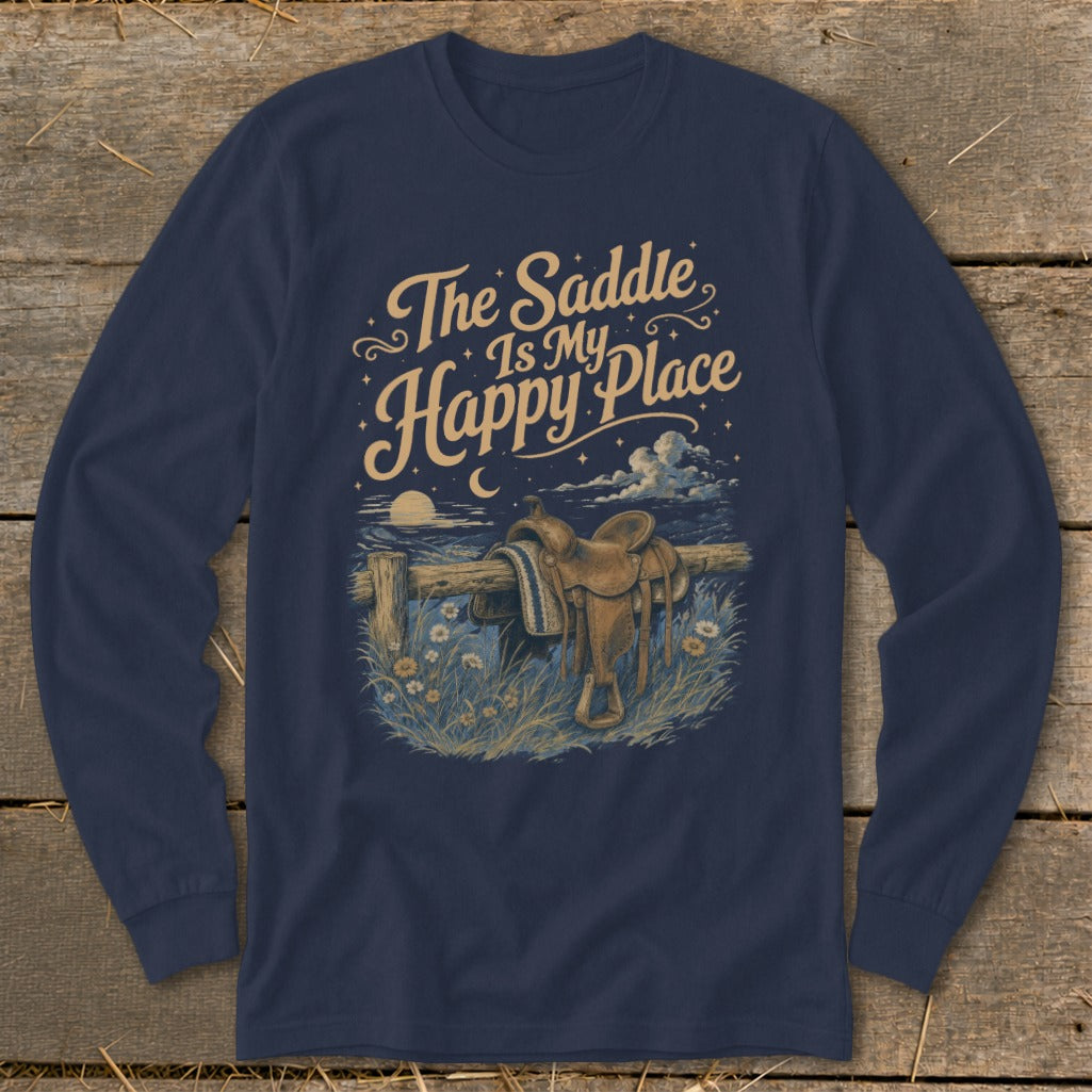 Navy long sleeve shirt with "The Saddle Is My Happy Place" and horse saddle graphic.